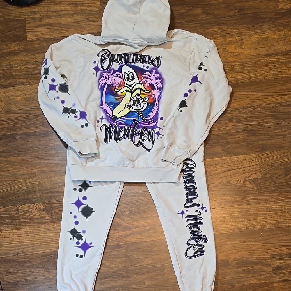 Bananas Monkey Cream and Purple Graphic Hoodie and Sweatpants Set